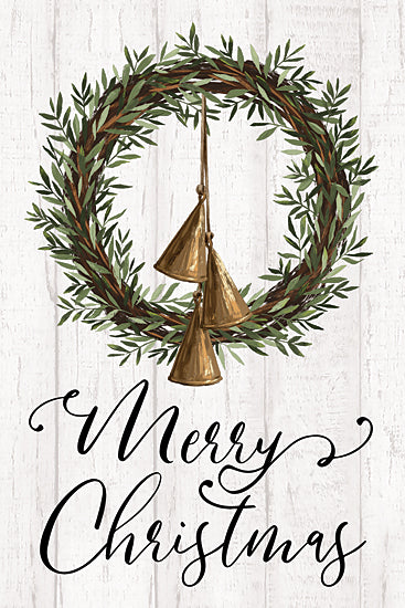 Dogwood Portfolio DOG295 - DOG295 - Merry Christmas Wreath and Bells  - 12x18 Christmas, Holidays, Merry Christmas, Typography, Signs, Textual Art, Wreath, Bells, Wood Background, Winter from Penny Lane