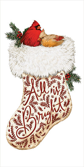 Dogwood Portfolio DOG298 - DOG298 - All is Bright Cardinals - 9x18 Christmas, Holidays, Stocking, Cardinals, Male, Female, All is Bright, Typography, Signs, Textual Art, Holly, Berries, Winter from Penny Lane