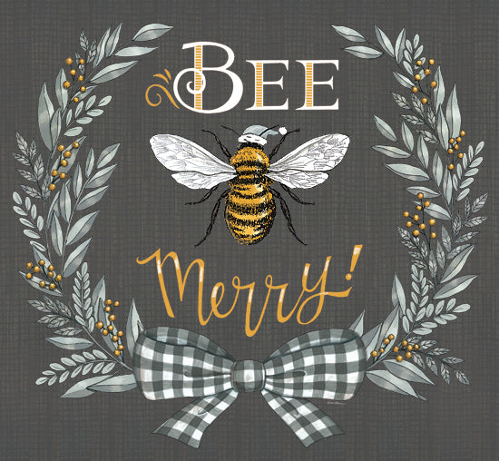 Deb Strain DS2315 - DS2315 - Bee Merry - 12x12 Inspirational, Bee Merry, Typography, Signs, Textual Art, Wreath, Greenery, Berries, Black & White Plaid Ribbon, Bow, Bee from Penny Lane