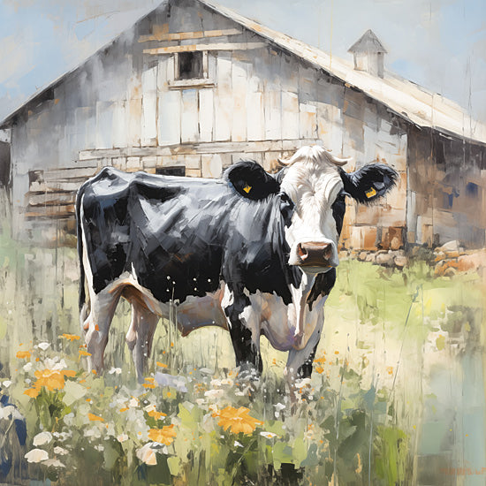 Heidi Kuntz HK316 - HK316 - Brightside Farm   - 12x12 Farm, Barn, White Barn, Cow, Black and White Cow, Flowers, Wildflowers, Farmhouse/Country, Watercolor from Penny Lane