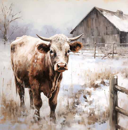 Heidi Kuntz HK325 - HK325 - Cold in the Country   - 12x12 Farm, Barn, Gray Barn, Cow, Brown Cow, Winter, Snow, Fence, Landscape, Farmhouse/Country from Penny Lane