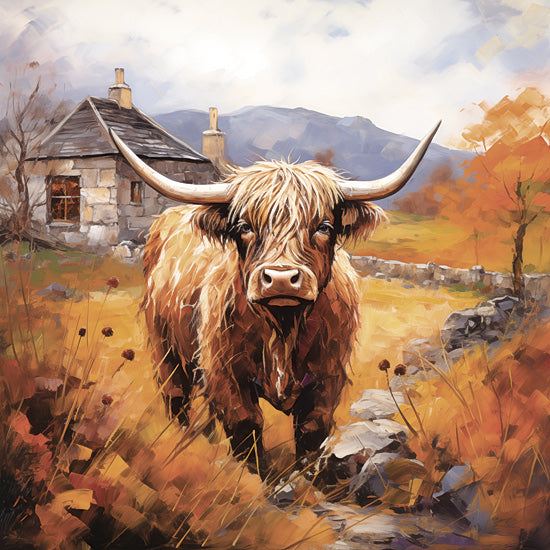 Heidi Kuntz HK330 - HK330 - Highland Hues  - 12x12 Cow, Highland Cow, Portrait, Landscape, Mountains, Trees, Fall, Orange Leaves, Cottage, Stone Cottage, Rock Fence from Penny Lane