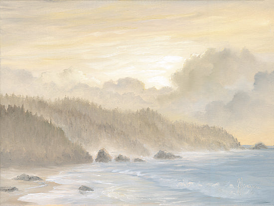 Georgia Janisse JAN324 - JAN324 - Cloudy Oregon Sunset - 16x12 Coastal, Landscape, Ocean, Waves, Hills, Trees, Rocks, Beach, Coast, Neutral Palette from Penny Lane