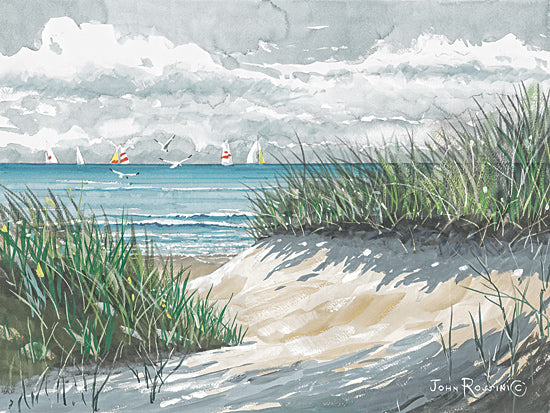 John Rossini JR429 - JR429 - Beach Access - 16x12 Coastal, Landscape, Path, Ocean, Sailboats, Beach Grass, Sand, Beach, Clouds, Birds, Beach Access from Penny Lane