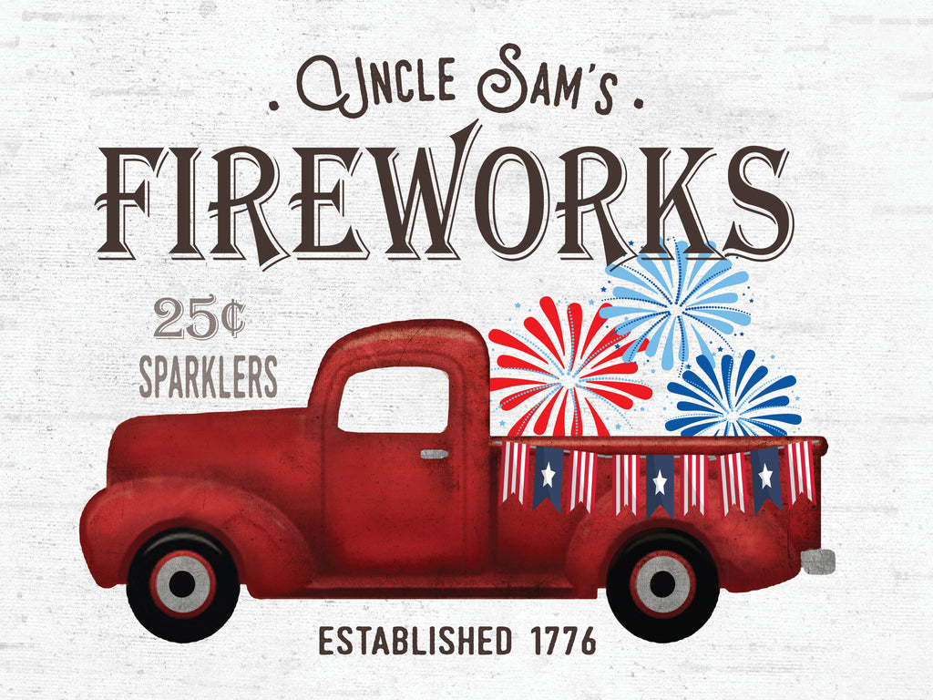 lettered & lined LET1182 - LET1182 - Uncle Sam's Fireworks - Truck - 16x12 Patriotic, Truck, Red Truck, Fireworks, Banner, Red, White & Blue, Uncle Sam's Fireworks 25 Cents Sparklers, Established 1776, Typography, Signs, Textual Art from Penny Lane