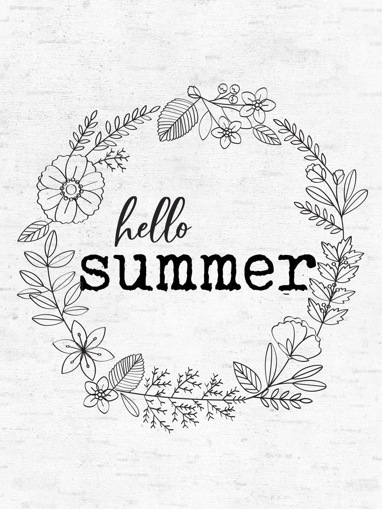 lettered & lined LET1186 - LET1186 - Hello Summer - 12x16 Summer, Wreath, Flowers, Greenery, Black & White, Drawing Print, Hello Summer, Typography, Signs, Textual Art from Penny Lane