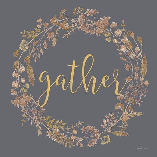 lettered & lined LET743 - LET743 - Gather Wreath - 12x12 Fall, Wreath, Leaves, Greenery, Gather, Typography, Signs, Textual Art, Thanksgiving, Black Background from Penny Lane