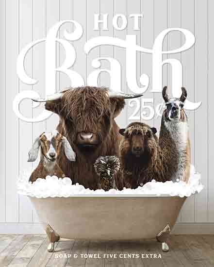 lettered & lined LET979 - LET979 - Farm Animals Hot Bath - 12x16 Whimsical, Bath, Bathroom, Bathtub, Farm Animals, Goat, Cow, Sheep, Llama, Rooster, Bubbles, Hot Bath 25 Cents Soap & Towel Five Cents Extra, Typography, Signs, Textual Art, Wood Planks from Penny Lane