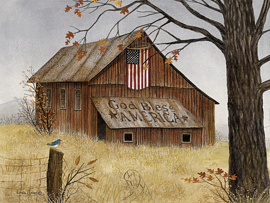 Linda Spivey LS1911 - LS1911 - Autumn’s Patriotic Whisper - 16x12 Farm, Barn, Patriotic, American Flag, God Bless America, Typography, Signs, Textual Art, Star, Independence Day, Landscape, Field, Fence, Bird, Tree, Fall, Country from Penny Lane