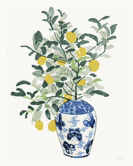 Stellar Design Studio SDS1451 - SDS1451 - Lemon Branch Chinoiserie 1 - 12x16 Kitchen, Lemons, Lemon Branches, Leaves, Vase, Blue & White, Chinoiserie, Pottery from Penny Lane