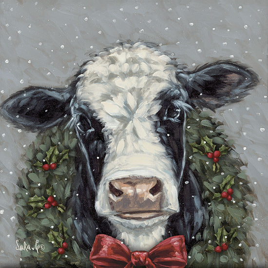 Sara G. Designs SGD272 - SGD272 - Snowy Day Christmas Cow II    - 12x12 Christmas, Holidays, Whimsical, Cow, Black & White Cow, Wreath, Holly, Berries, Red Bow, Winter Snow from Penny Lane