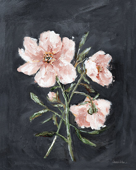 Amanda Hilburn AH146 - AH146 - Blush and Brass - 12x16 pink flowers on dark background, botanical painting, soft petals from Penny Lane