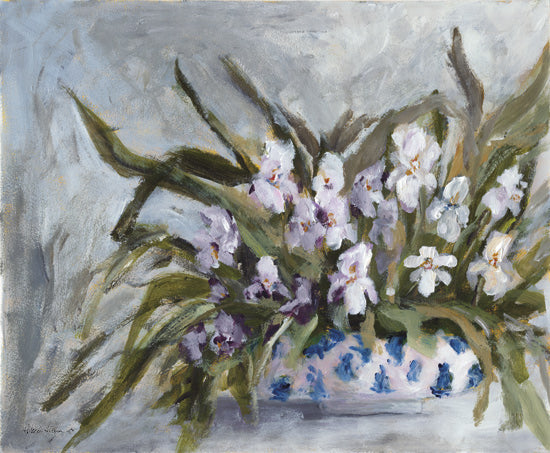 Amanda Hilburn AH237 - AH237 - Chinoiserie Charm - Irises - 16x12 soft pastel florals, white flowers, painterly bouquet, ceramic vase, impressionist, neutral tones from Penny Lane