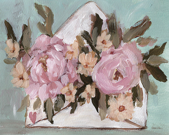 Amanda Hilburn AH257 - AH257 - Love Letter II - 16x12 floral envelope, pink roses, cottage flowers, romantic mail, shabby chic, soft teal background, hand painted, feminine decor from Penny Lane