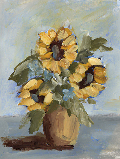 Amanda Hilburn AH264 - AH264 - Sunlit Blossoms - 12x16 sunflowers in vase, rustic still life, yellow flowers, farmhouse decor, country floral, soft blue background from Penny Lane