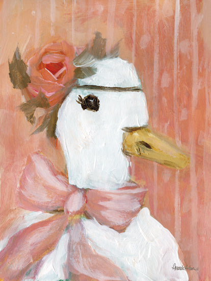 Amanda Hilburn AH278 - AH278 - Lady Rose - 12x16 duck portrait, pink background, rose and bow, whimsical art, farm animal, humorous painting, pastel tones, country charm, decorative artwork from Penny Lane