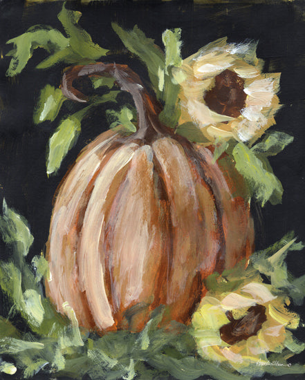 Amanda Hilburn AH302 - AH302 - Feels Like Fall - 12x16 pumpkin and sunflower, dark background, moody fall art, rustic harvest painting, autumn floral from Penny Lane