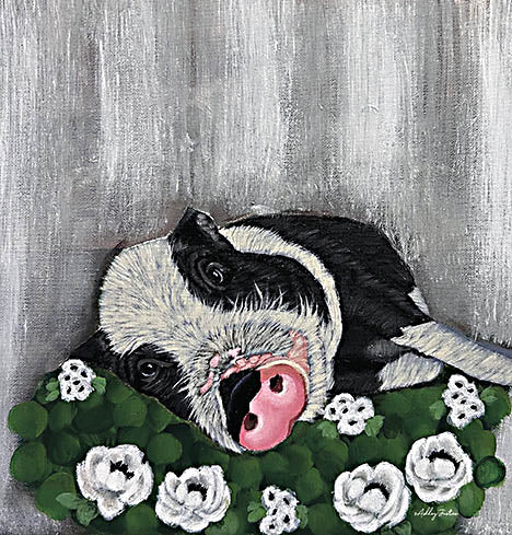 Ashley Justice AJ224 - AJ224 - Swine and Roses - 12x12   sleeping pig, farm animal art, floral wreath, whimsical animal, cozy farmhouse, neutral palette, country charm from Penny Lane