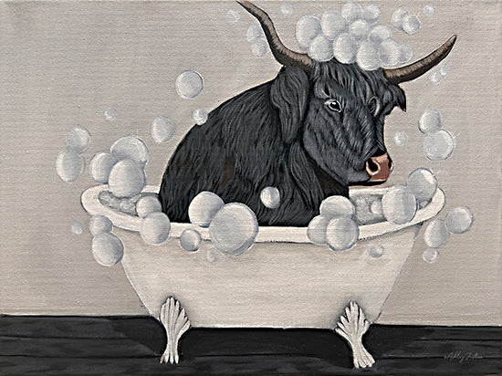 Ashley Justice AJ241 - AJ241 - Sir Baron in the Bath - 16x12 highland cow, bathtub, bubbles, humorous animal art, black bull, white tub, farmhouse humor, whimsical painting, playful decor, modern farmhouse style from Penny Lane