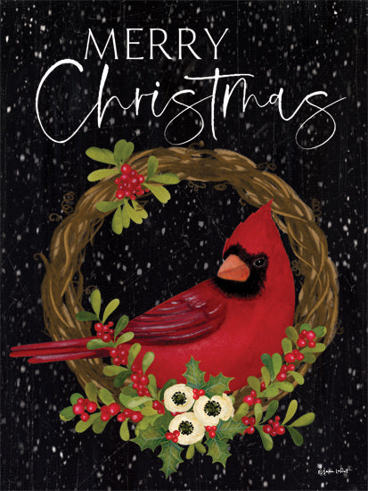 Annie LaPoint ALP2785 - ALP2785 - Merry Christmas Cardinal - 12x16 Merry Christmas, red cardinal, winter wreath, berries, seasonal decor, dark background, holiday greeting from Penny Lane