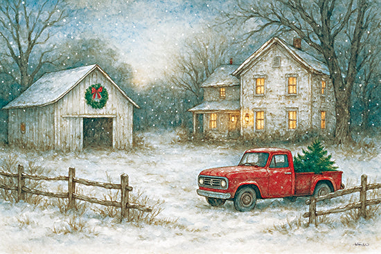 Anthony Smith ANT263 - ANT263 - Christmas at Grandma's House - 18x12 red truck, barn, winter landscape, Christmas tree, country snow scene, farmhouse holiday art, rustic Christmas painting from Penny Lane