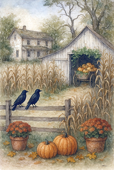 Anthony Smith ANT278 - ANT278 - Autumn at the Farmhouse - 12x18 watercolor autumn farmyard, cornfield, pumpkins, rustic shed, wagon full of pumpkins, country house in background, two black crows on fence, fall mums flowers, harvest path, vintage rural landscape, cozy seasonal decor, farmhouse style, muted earthy tones, thanksgiving harvest from Penny Lane
