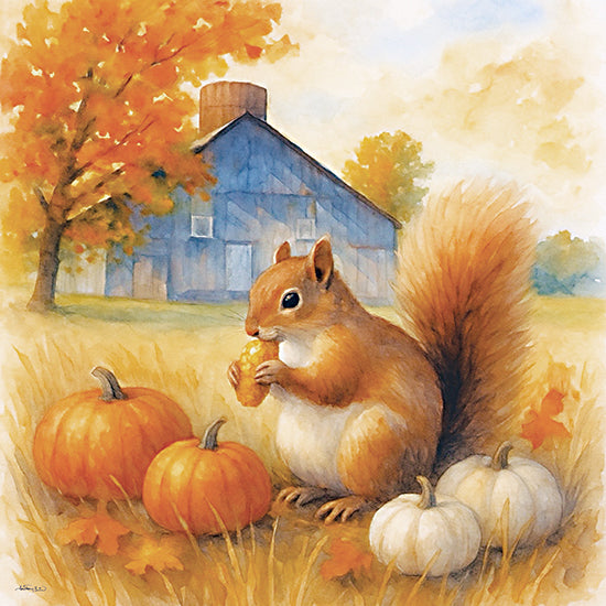 Anthony Smith ANT279 - ANT279 - Autumn Snack - 12x12 watercolor squirrel, autumn pumpkins, fall leaves, acorn snack, blue barn, golden meadow, cute woodland animal, whimsical nature scene, harvest season, rustic farmhouse background, warm orange tones, seasonal decor, wildlife illustration, cozy fall countryside from Penny Lane
