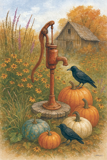 Anthony Smith ANT281 - ANT281 - The Wellspring of Fall - 12x18 watercolor country garden, vintage hand water pump, pumpkins, crow birds, autumn wildflowers, rustic barn in background, harvest still life, farmhouse path, fall foliage, orange white blue pumpkins, nature scene, moody neutral tones, seasonal decor, rural landscape from Penny Lane