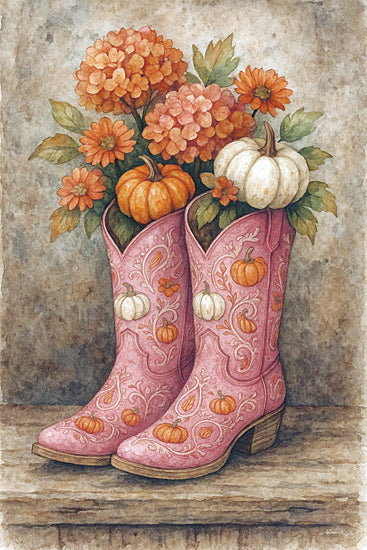 Anthony Smith ANT282 - ANT282 - Harvest Boots - 12x18 watercolor fall boots, pink cowgirl boots, floral bouquet, pumpkins, mums flowers, feminine autumn decor, rustic still life, farmhouse chic, western fashion, harvest season, cozy country style, seasonal arrangement, decorative illustration, soft neutral background from Penny Lane