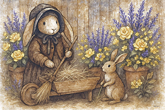 Anthony Smith ANT294 - ANT294 - Among the Roses and Lavender - 18x12 valentine rabbits, bunny couple, top hat, heart, love tag, basket of hearts, romantic, whimsical folk art, watercolor, neutral background, vintage valentines from Penny Lane
