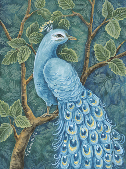 Diane Kater ART1382 - ART1382 - Eye of the Peacock - 12x16 turquoise peacock, bird in forest, detailed feathers, perched on branch, nature illustration, vibrant colors, crown feathers from Penny Lane
