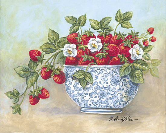 Diane Kater ART1403 - ART1403 - Sweetness of the Season - 16x12 strawberries, blue floral bowl, fruit still life, strawberry blossoms, fresh produce, botanical art, kitchen decor from Penny Lane