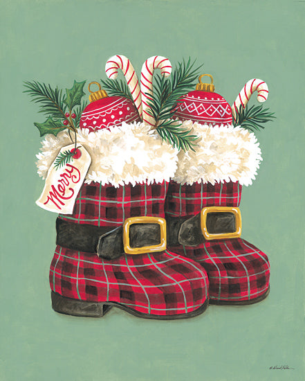Diane Kater ART1418 - ART1418 - Candy Cane Boots I - 12x16 Christmas boots, plaid pattern, candy canes, ornaments, holly leaves, holiday decor, green background, festive composition, cheerful art, whimsical holiday painting from Penny Lane