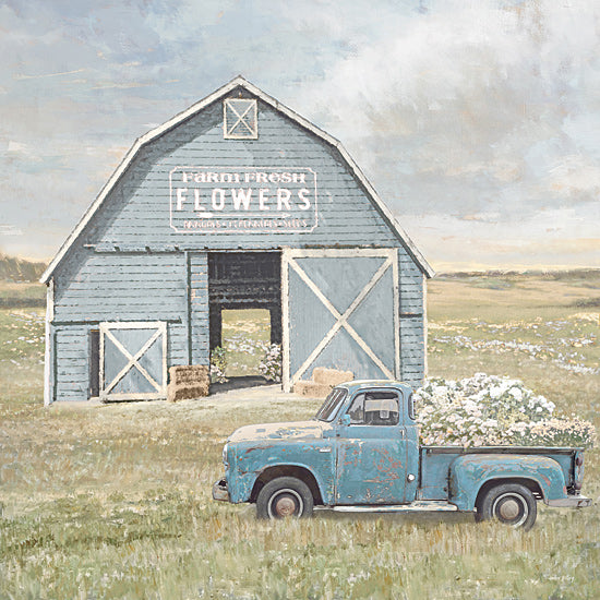 Amber Sterling AS368 - AS368 - Farm Fresh Flowers II - 12x12 flower barn, farm fresh flowers sign, blue barn, vintage pickup truck, old truck, flowers in truck bed, rural, country, farmhouse, flower farm, spring, summer, rustic, shabby chic, modern farmhouse, roadside stand, signage, pastel sky, field, landscape, painterly, nostalgic from Penny Lane
