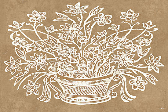 Amber Sterling AS582 - AS582 - Woodcut Bloom - 18x12 floral line art bouquet vase minimalist white on brown decorative pattern from Penny Lane