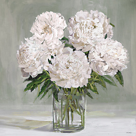 Amber Sterling AS595 - AS595 - Peony Blooms Arrangement - 12x12 soft white peonies bouquet, glass vase, muted sage background, floral still life, painterly oil texture, neutral palette, elegant petals, classic tabletop arrangement, romantic cottage decor from Penny Lane