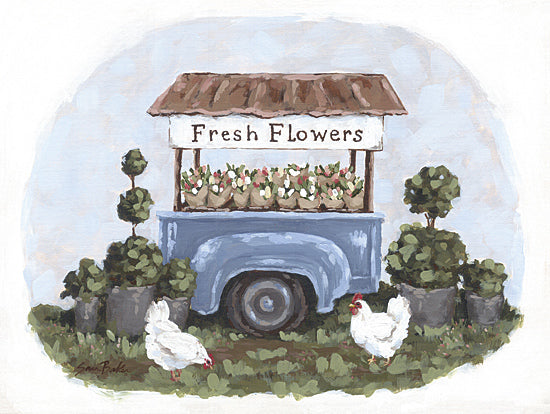 Sara Baker BAKE392 - BAKE392 - Farm Fresh Flower Stand - 16x12 fresh flowers stand, flower cart, blue vintage truck, roadside market, spring flowers, bouquets, topiary plants, potted greenery, white chickens, farmhouse garden, country market, whimsical folk art, hand painted, soft pastel sky, rustic decor, modern farmhouse, floral sign from Penny Lane