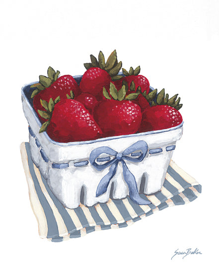 Sara Baker BAKE396 - BAKE396 - Summer Sweetness Strawberries     - 12x16 strawberries, berry basket, blue ribbon bow, summer fruit, fresh strawberries, still life, kitchen decor, farmhouse style, white background, striped cloth, food and drink, hand painted, watercolor gouache style, bright red berries, sweet, fresh produce from Penny Lane