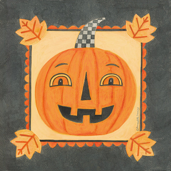 Bernadette Deming BER1509 - BER1509 - Fancy Jack O'lantern - 12x12 jack o lantern face, smiling pumpkin, autumn leaves, black background, whimsical halloween illustration, folk art style, playful fall decor, bright orange seasonal artwork from Penny Lane