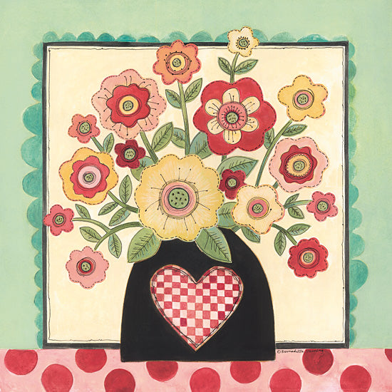 Bernadette Deming BER1530 - BER1530 - Primitive Flowers - 12x12 Folk art floral bouquet in vase with heart, whimsical flowers from Penny Lane