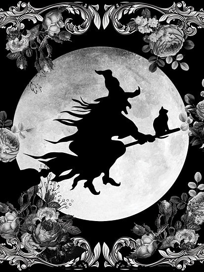 Bluebird Barn BLUE581 - BLUE581 - Gothic Flower Witch - 12x16 witch silhouette, black cat, full moon, floral border, gothic, fantasy art, Halloween theme, night sky, mysterious aesthetic from Penny Lane