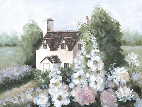 Pam Britton BR673 - BR673 - Cottage of Dreams - 16x12 cottage garden scene, white farmhouse cottage, blooming garden path, pink roses, white delphiniums, lush flower border, romantic landscape, English country garden, soft pastel florals, charming home exterior, painterly cottage art, serene spring garden from Penny Lane