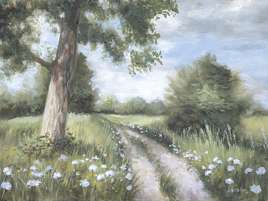 Pam Britton BR674 - BR674 - A Lovely Walk - 16x12 country lane with wildflowers, large shade tree, winding dirt path, meadow landscape, blue sky, green field, peaceful rural road, summer countryside, soft floral border, nature trail, painterly pastoral view, tranquil outdoor scenery from Penny Lane