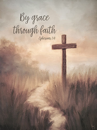 Ashley Bradley BRAD144 - BRAD144 - By Grace, Through Faith - 12x16 wooden cross in field, by grace through faith text, Ephesians 2:8 scripture art, inspirational religious wall art, path through grasses, neutral devotional design, faith quote artwork, soft painterly background, Christian encouragement, word art with cross, serene spiritual landscape, muted rustic tones from Penny Lane