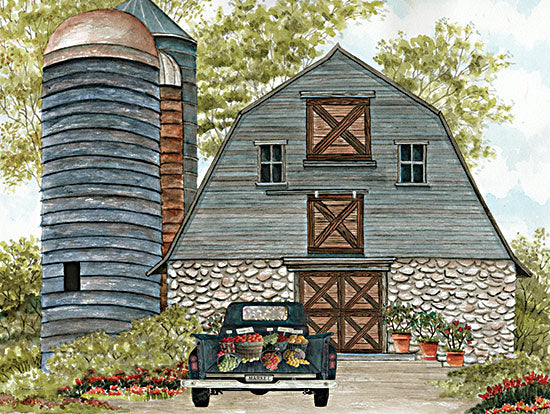 Cindy Jacobs CIN4014 - CIN4014 - At Summer's End - 16x12 watercolor country barn; blue farm silo; rustic stone barn; vintage pickup truck; farm market produce; baskets of tomatoes grapes and vegetables; rural driveway; cottage garden flowers; Americana farmhouse scene; pastoral landscape art; summer harvest; rustic country decor from Penny Lane