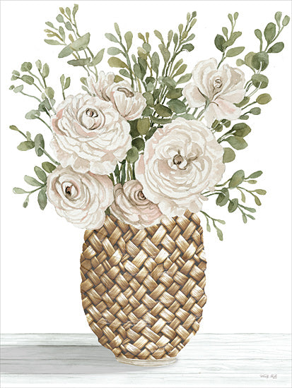 Cindy Jacobs CIN4331 - CIN4331 - Crisscross Ranunculus - 12x16 watercolor white ranunculus bouquet; woven basket vase; cream flowers with eucalyptus; soft neutral floral arrangement; farmhouse table setting; romantic cottage decor; botanical still life; delicate garden blooms; rustic woven vessel; airy feminine wall art; neutral flower illustration; elegant floral composition from Penny Lane