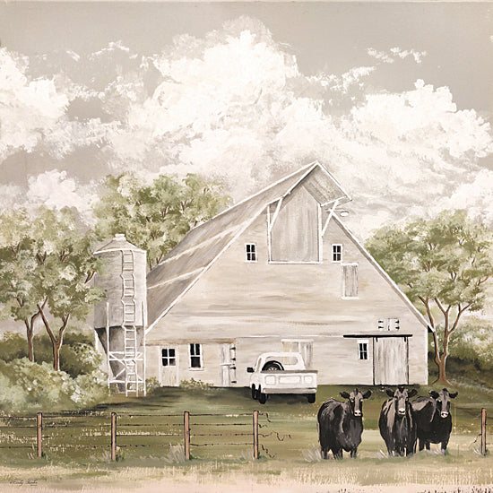 Cindy Jacobs CIN4387 - CIN4387 - Breaking Free   - 12x12 white barn painting, rustic barn scene, country farm landscape, cows in field, rural america, farmhouse decor, pastoral landscape, vintage truck barn, countryside art, farm life from Penny Lane