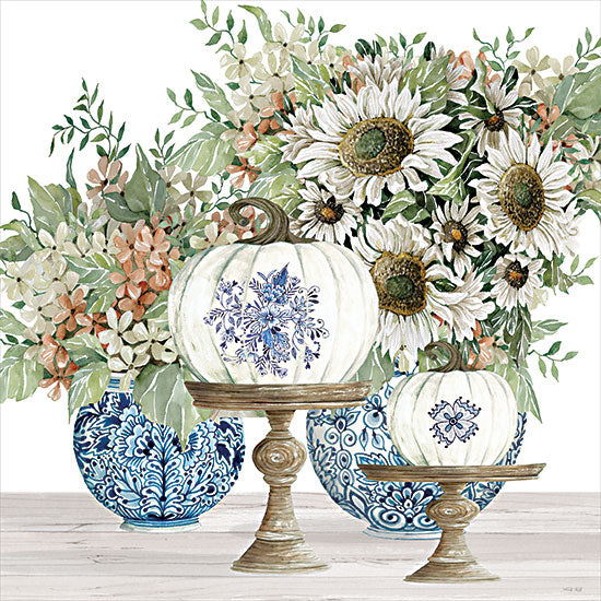 Cindy Jacobs CIN4397 - CIN4397 - Fall Pumpkin Still Life - 12x12 white pumpkins, blue and white ginger jars, daisies, hydrangea, floral arrangement, fall centerpiece, chinoiserie decor, still life, watercolor painting, neutral farmhouse, autumn harvest, tabletop decor, cottage style, elegant seasonal from Penny Lane