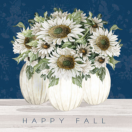 Cindy Jacobs CIN4400 - CIN4400 - Happy Fall Pumpkin Trio - 12x12 happy fall text, trio of white pumpkins, daisy bouquet, blue floral wallpaper, autumn greeting sign, farmhouse seasonal decor, watercolor painting, neutral fall palette, floral pumpkin arrangement, cozy autumn from Penny Lane
