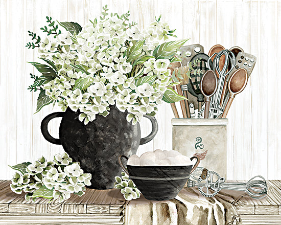 Cindy Jacobs CIN4580 - CIN4580 - The Cook's Bouquet     - 16x12 hydrangea kitchen scene, farmhouse flowers, rustic kitchen decor, utensil jar art, floral still life, country kitchen art, white flowers painting, cottage decor, farmhouse style, still life from Penny Lane